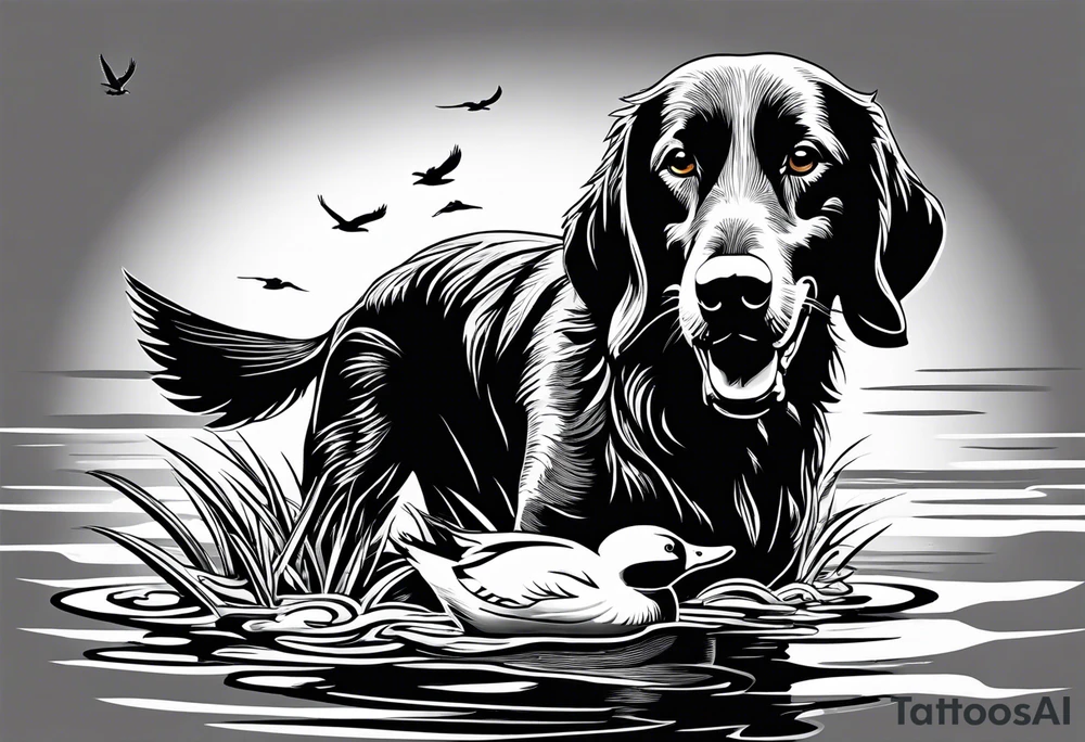 bird dog retrieving duck from marsh in its mouth tattoo idea