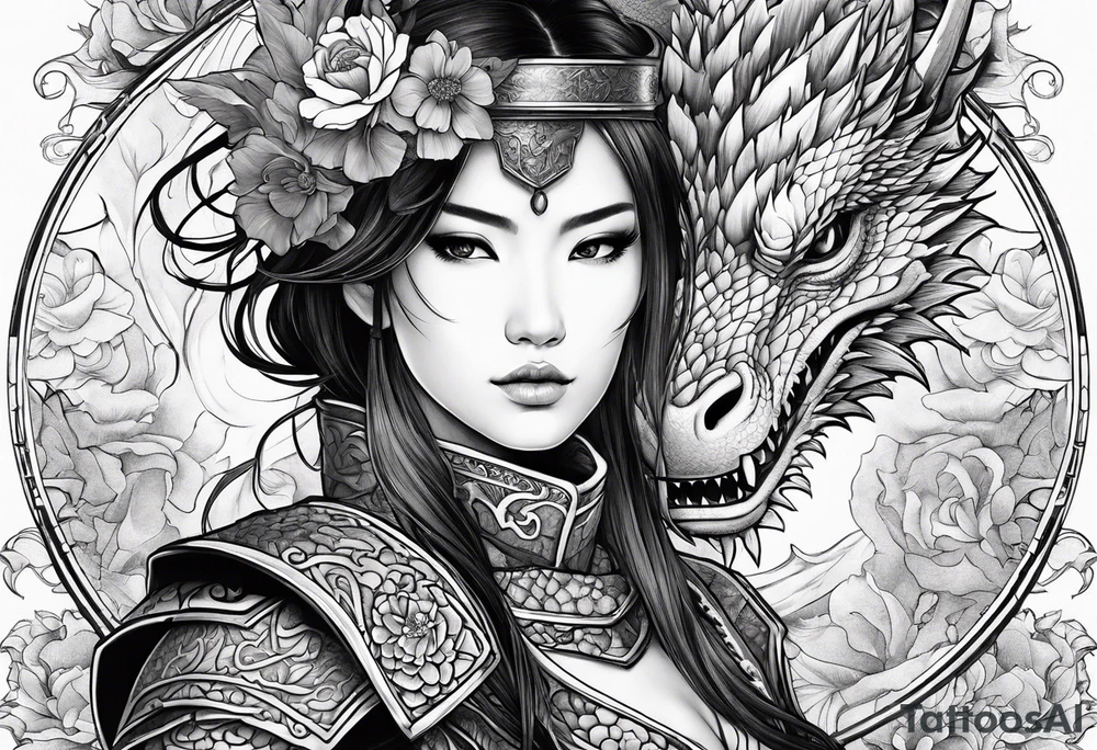 beautiful warrior woman wearing dragon armor and a floral background and a dragon tattoo idea