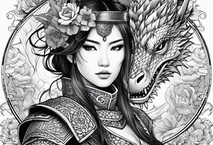 beautiful warrior woman wearing dragon armor and a floral background and a dragon tattoo idea