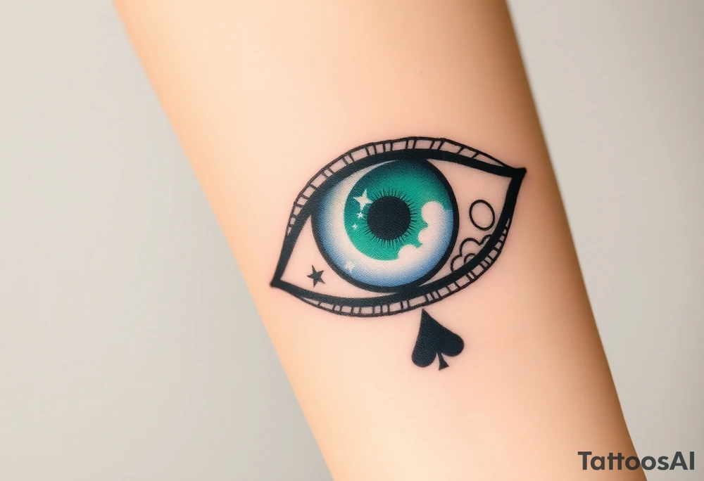 Large outline of an almond shaped eye with an ace of spades for the eyeball colored greenish blue with a crescent moon stars and clouds inside vivid colors blue green purple tattoo idea