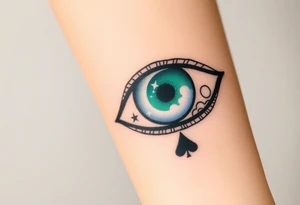 Large outline of an almond shaped eye with an ace of spades for the eyeball colored greenish blue with a crescent moon stars and clouds inside vivid colors blue green purple tattoo idea