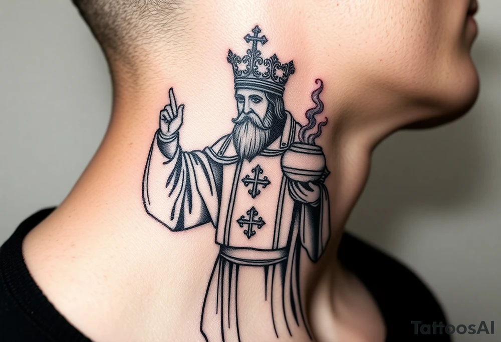 Russian Orthodox Priest in fully detailed vestment swinging a censer with smoke curling upward tattoo idea