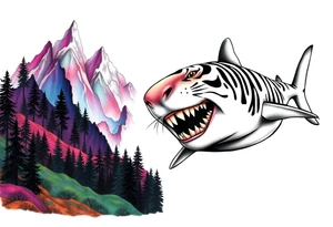 forest mountains in color and tiger shark in black and white tattoo idea