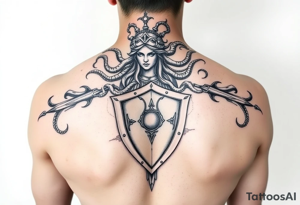 Athena goddess of war and wisdom with her Medusa shield and spear tattoo idea