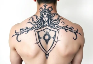 Athena goddess of war and wisdom with her Medusa shield and spear tattoo idea