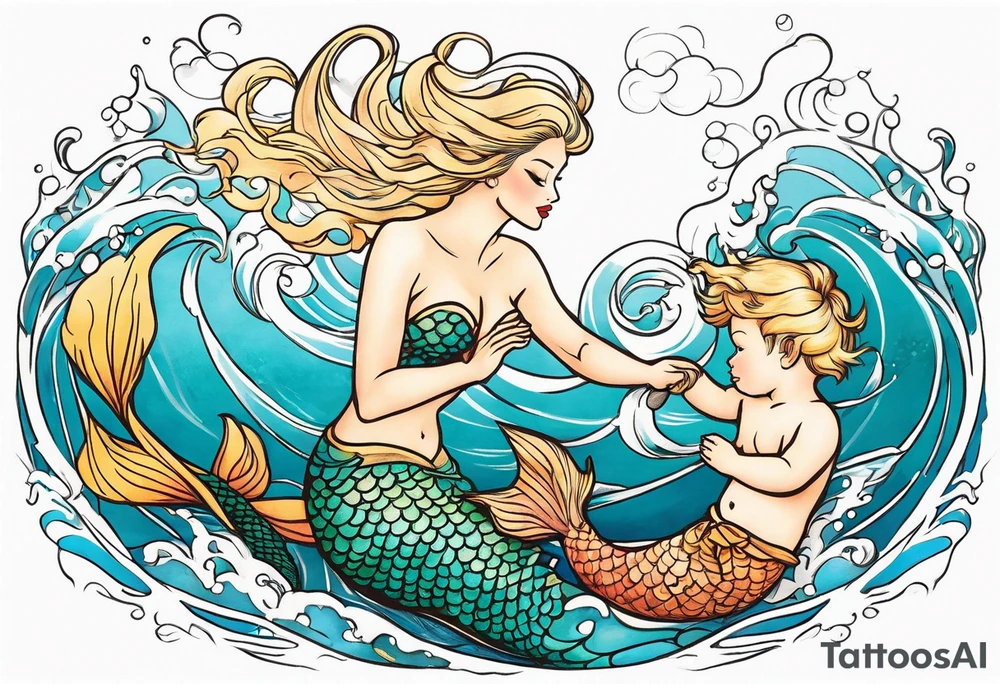 Blond mermaid and  son frolicking in the ocean tattoo idea