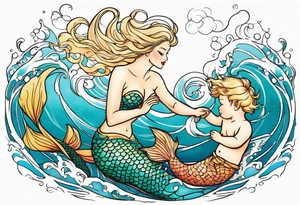 Blond mermaid and  son frolicking in the ocean tattoo idea