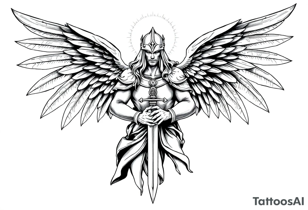 Holy Archangel, Biblical, Christianity, Hebrew, Guards of Christianity, Holding a sword, has six wings, wearing helmet, halo, seraphim, seek justice, walk only with God tattoo idea
