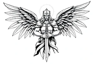 Holy Archangel, Biblical, Christianity, Hebrew, Guards of Christianity, Holding a sword, has six wings, wearing helmet, halo, seraphim, seek justice, walk only with God tattoo idea