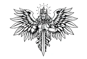 Holy Archangel, Biblical, Christianity, Hebrew, Guards of Christianity, Holding a sword, has six wings, wearing helmet, halo, seraphim, seek justice, walk only with God tattoo idea