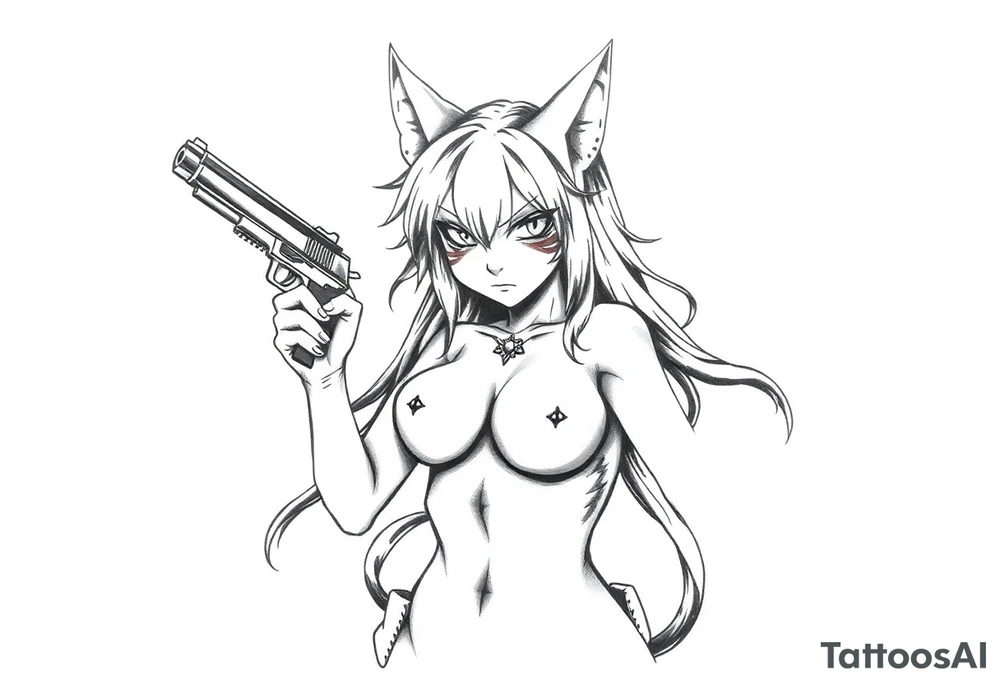 naked catgirl, slut, angry, anime, holding gun tattoo idea