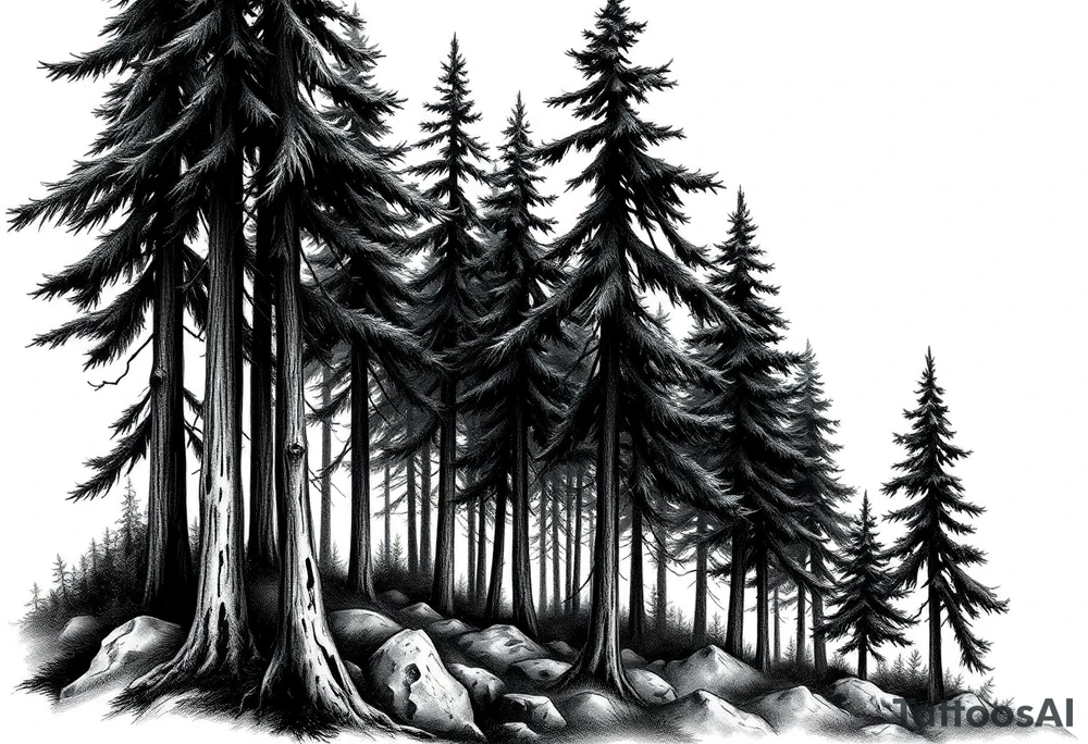 Needle forest with black and gray trees tattoo idea