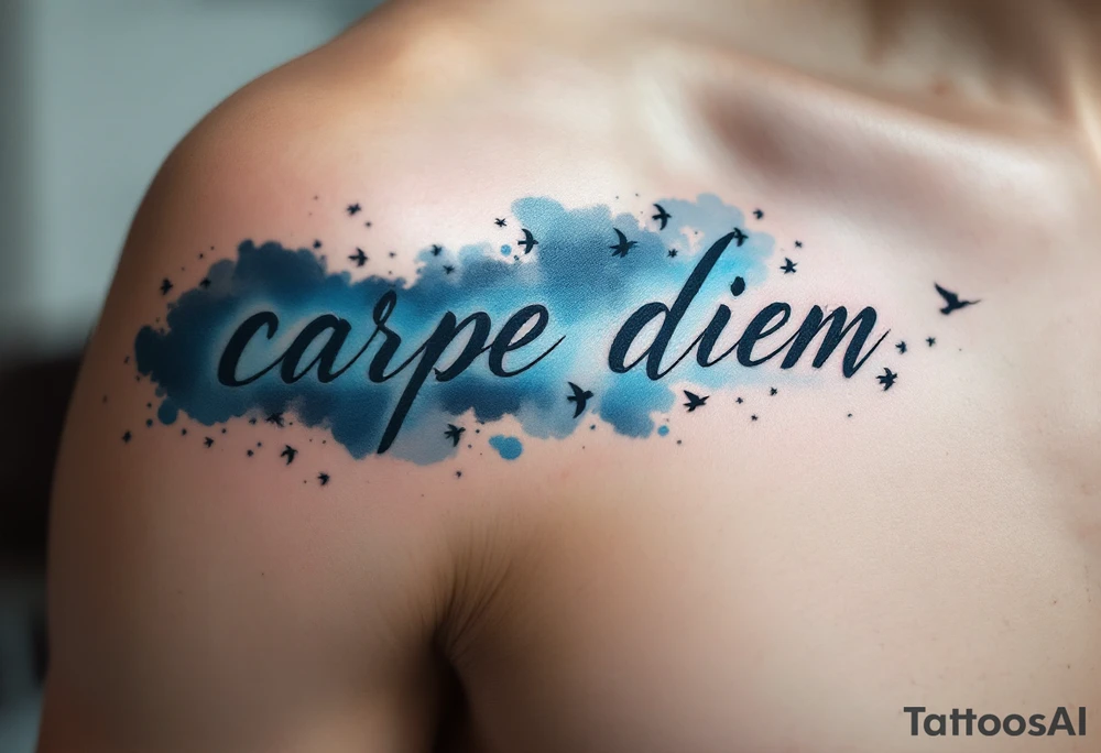 Blue watercolor script fading from dark to light "carpe diem", trailing a flock of black birds in flight. tattoo idea