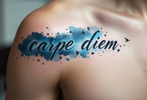 Blue watercolor script fading from dark to light "carpe diem", trailing a flock of black birds in flight. tattoo idea