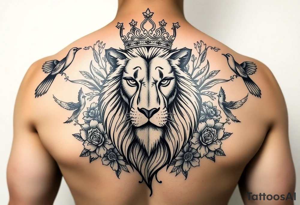 powerful majestic lion with a crown, surrounded by floral ornaments and birds tattoo idea