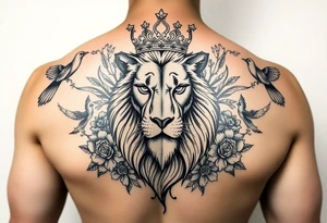 powerful majestic lion with a crown, surrounded by floral ornaments and birds tattoo idea