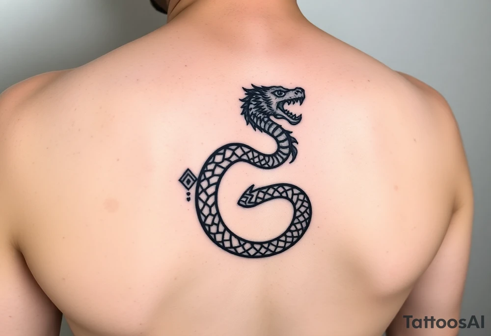 Ouroborous or dragon/serpent/snake eating its own tail in a figure 8 in negative space with geometric patterns on a leg tattoo design tattoo idea