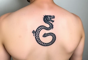 Ouroborous or dragon/serpent/snake eating its own tail in a figure 8 in negative space with geometric patterns on a leg tattoo design tattoo idea