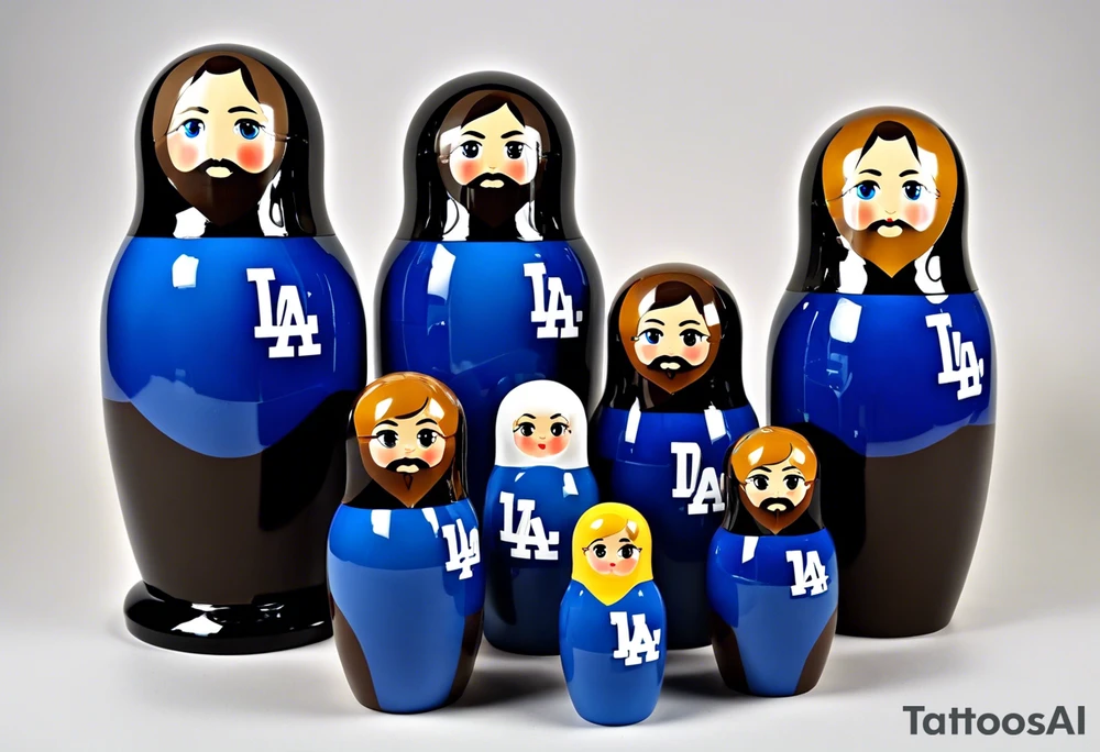 Matryoshka doll family. Each doll is designed based on this description. Father (biggest doll) has full beard, blue eyes, short brown hair, loves LA Dodgers. Mother (second biggest doll) has blonde bob, blue eyes, thick rimmed black glasses, loves leopard print. Son is 4 years old, blue eyes, blonde spiky hair, loves Paw Patrol. Daughter is 2 years old, blue eyes, long eyelashes, short light brown bob, loves Bluey. tattoo idea
