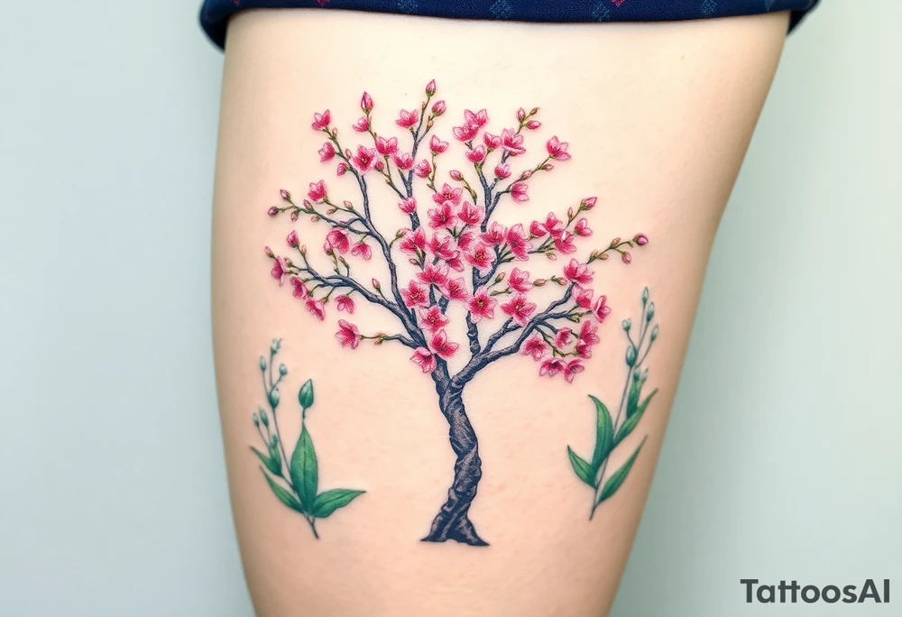 Flowering Hawthorn tree with  lillys planted on each side of the Hawthorn tree and   lily plants tattoo idea