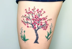 Flowering Hawthorn tree with  lillys planted on each side of the Hawthorn tree and   lily plants tattoo idea