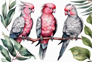 Galahs sitting on wattle and eucalyptus leaves tattoo idea