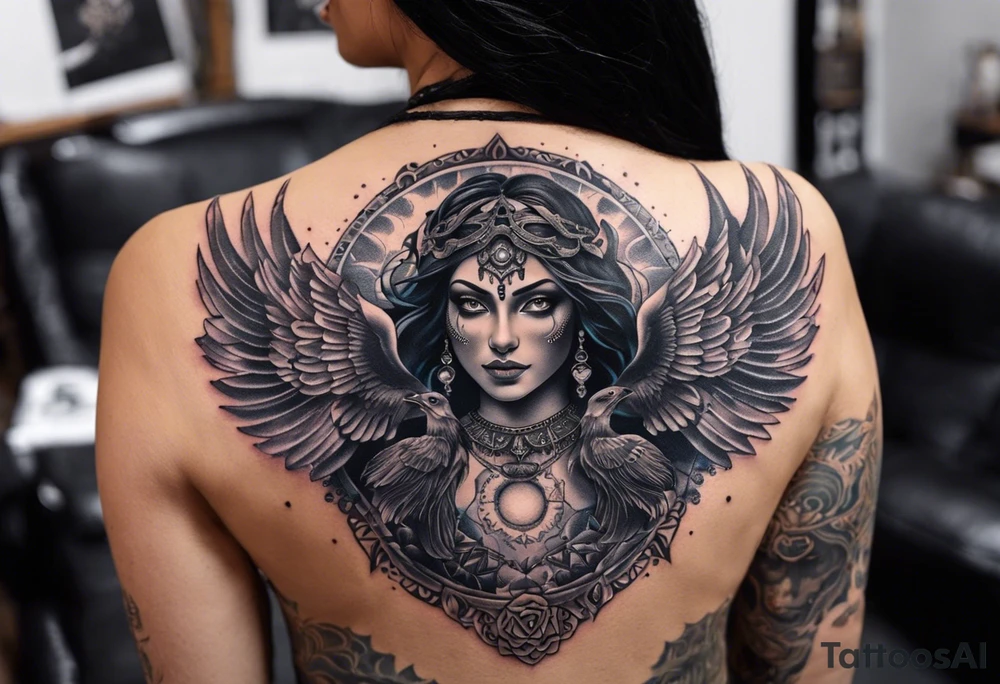 black kali, goddess pirate, alien, angel, pachamama, valkrye, warrior, flying, skull, lotus azul, wing, eagle, zenza resonance, stars, 5D, anahata chakra, death, durga, riding on a tiger, flying lady, kundalini, chest tatoo, rebel tattoo idea