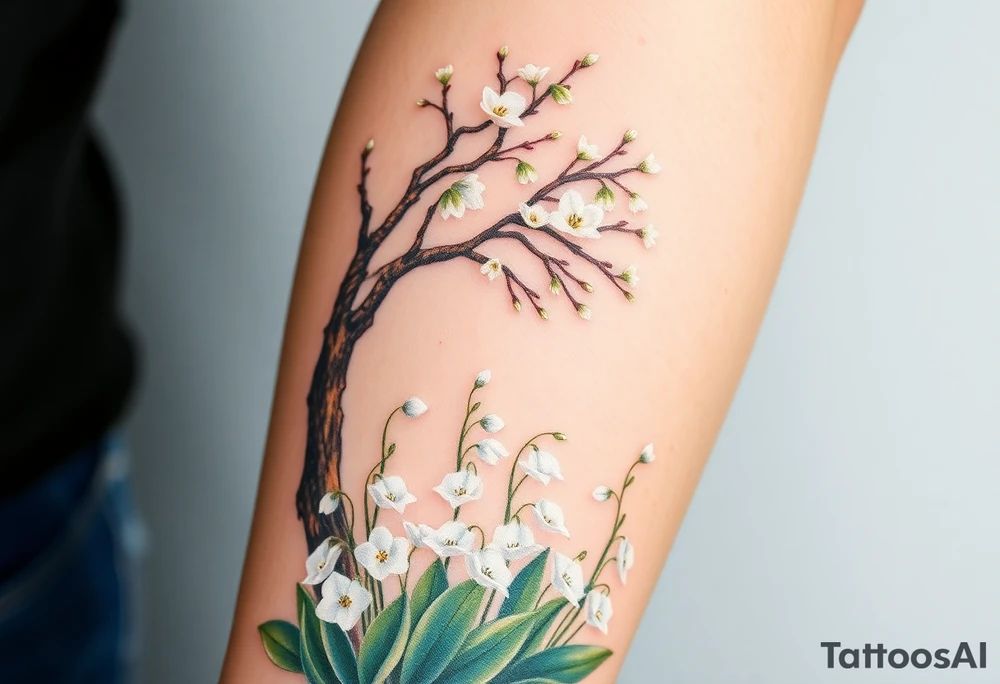 White flowering Lilly of the vally plants on ground underneath a blooming hawthorn tree tattoo idea