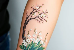 White flowering Lilly of the vally plants on ground underneath a blooming hawthorn tree tattoo idea