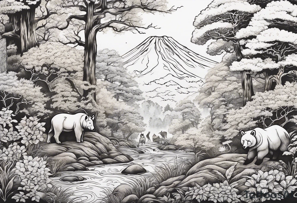 Forest with a lot of trees and animals walking around tattoo idea