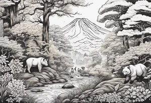 Forest with a lot of trees and animals walking around tattoo idea
