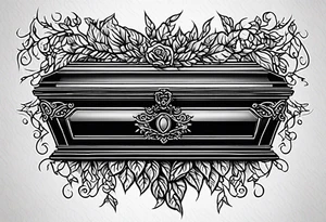 Coffin surrounded leafy vines tattoo idea