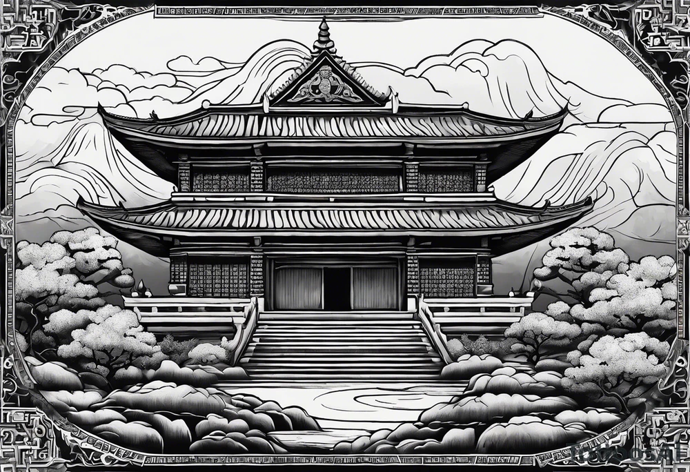 a old world map as the background with a small Buddhist temple at the bottom tattoo idea
