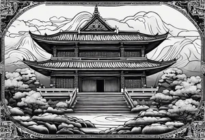 a old world map as the background with a small Buddhist temple at the bottom tattoo idea