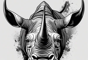 A front-facing rhino head with a sharp elongated tusk that is angry and fierce. Ears pointed straight up and forward a bit. Eyes that pierce your soul. A snarling jowel tattoo idea