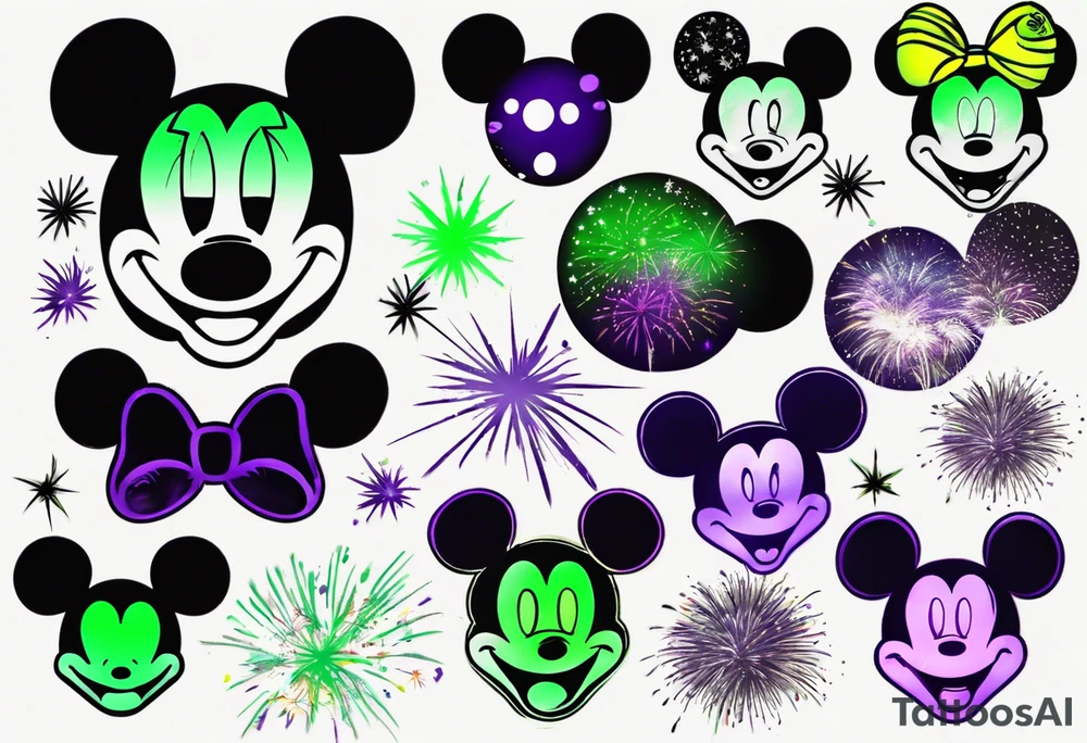 Mickey head and ears, no face, in black

Light fireworks behind in green, yellow, and purple tattoo idea