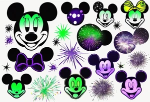Mickey head and ears, no face, in black

Light fireworks behind in green, yellow, and purple tattoo idea