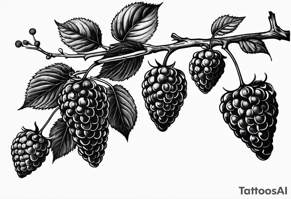 a single long raspberry branch with lots of leaves that is hanging upside down in black and white tattoo idea