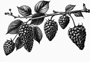 a single long raspberry branch with lots of leaves that is hanging upside down in black and white tattoo idea