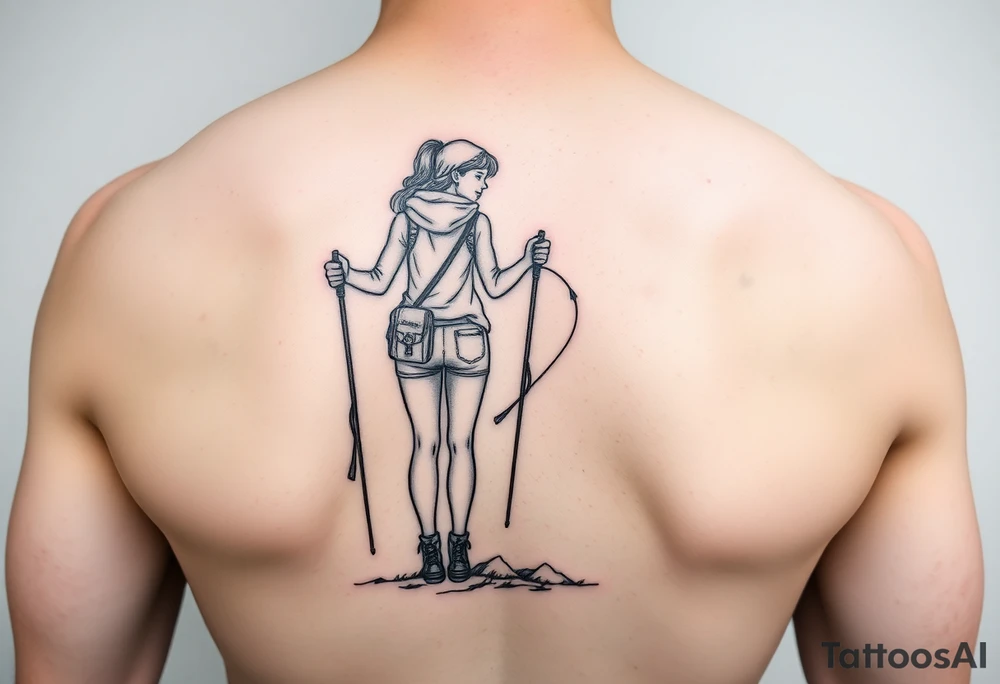 one line tattoo with a woman holding hiking poles and climbing, with a little girl inside her heart cheering for her tattoo idea