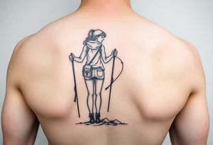 one line tattoo with a woman holding hiking poles and climbing, with a little girl inside her heart cheering for her tattoo idea