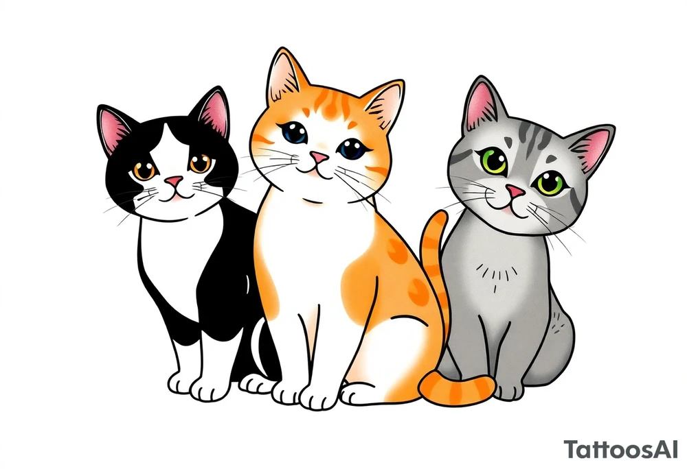 three cats, one black and white cat, one orange and white cat and one grey tabby cat tattoo idea