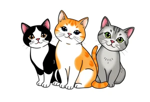 three cats, one black and white cat, one orange and white cat and one grey tabby cat tattoo idea