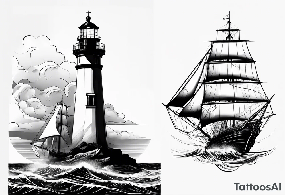 maritime lighthouse partially hidden by its  large fixed sails. tattoo idea