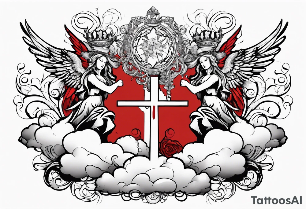 Clouds with angels in them and Jesus below with a thorncrown and a red blood tear tattoo idea