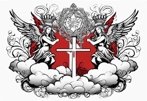 Clouds with angels in them and Jesus below with a thorncrown and a red blood tear tattoo idea