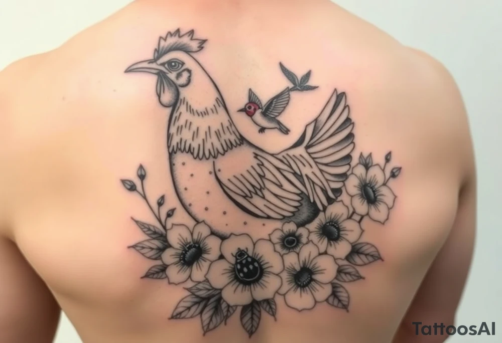 A hen surrounded by flowers with a hummingbird flying and a ladybug on flowers tattoo idea