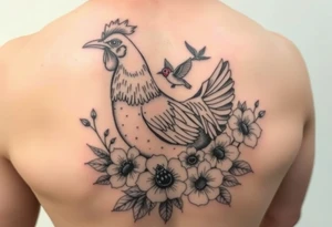 A hen surrounded by flowers with a hummingbird flying and a ladybug on flowers tattoo idea