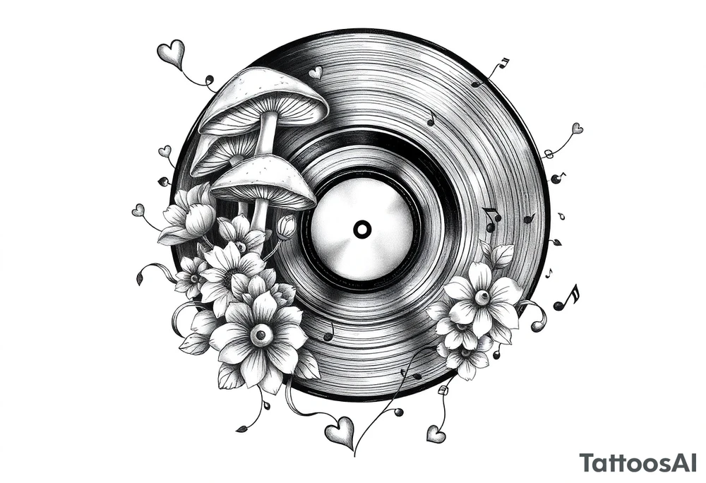 vinyl record with mushrooms, flowers, hearts, and music notes tattoo idea