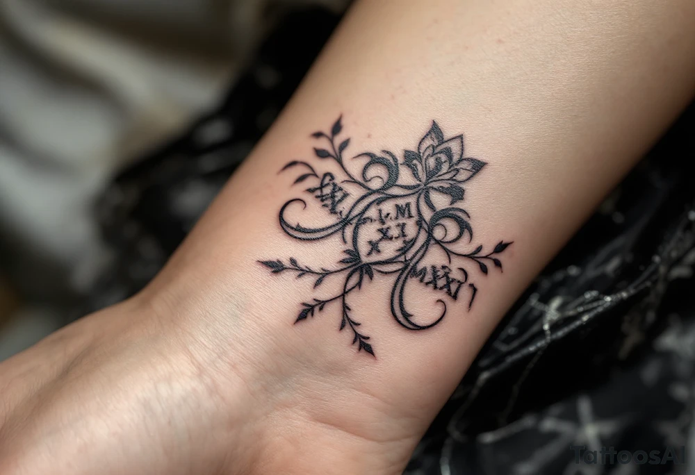Elegant XXI.XI.MMXII in dark gray ink across the ribs, styled with subtle shadowing for a stone-carved effect. tattoo idea